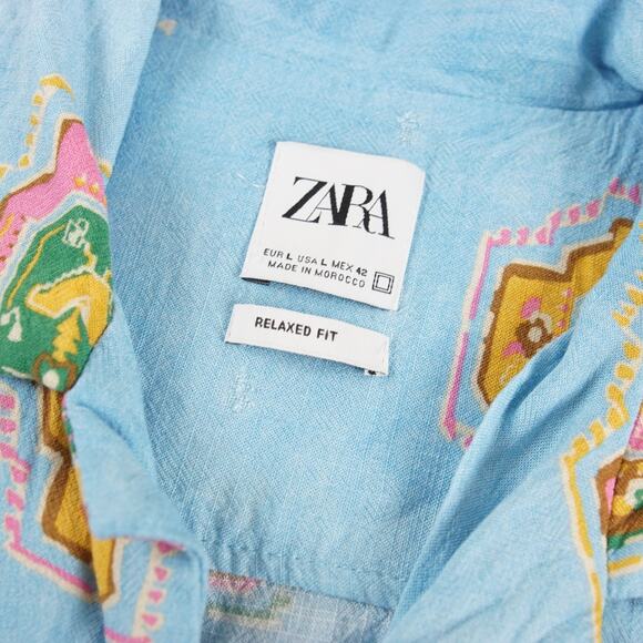 Zara Colorful Print Relaxed Fit Short SLeeve Blue Textured Button Shirt Sz L - Picture 6 of 9